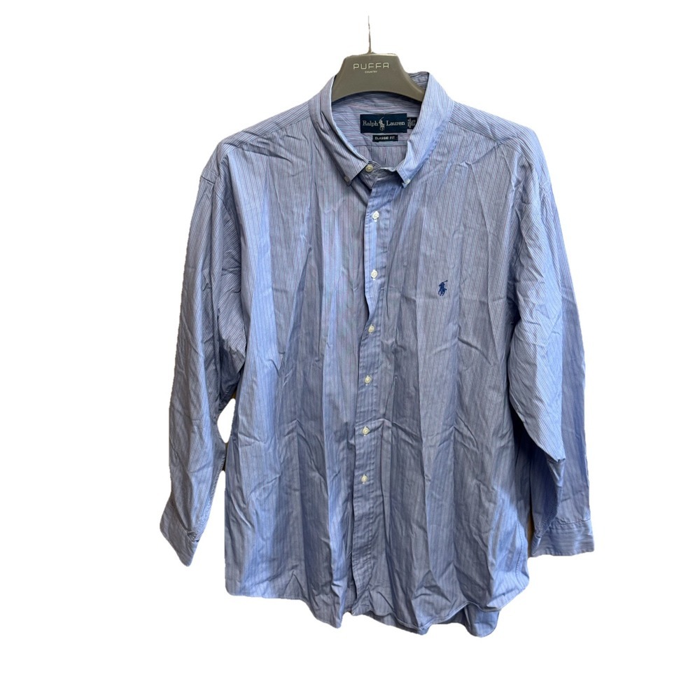 Ralph Lauren Shirt Men Large 17 1/2‎ 4/5 Blue Pink Striped Button Down Classic